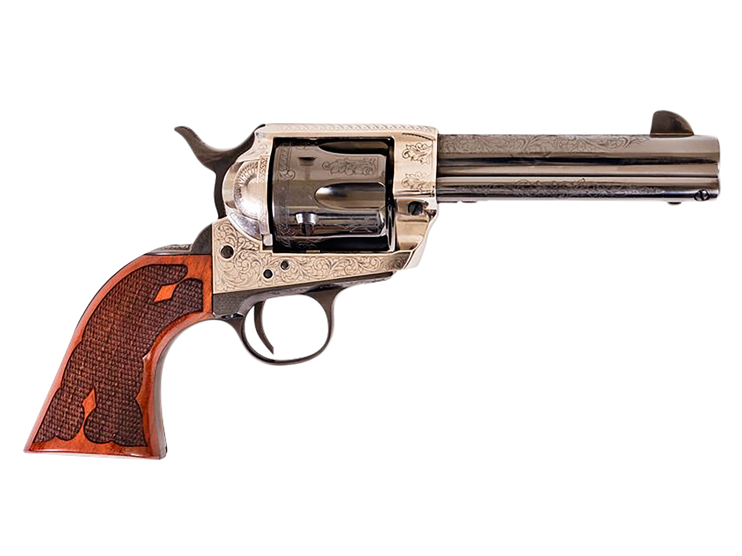 Cimarron PP400LSFW Frontier 357 Mag 6 Shot 4.75″ Blued Barrel, Blued Cylinder, Old Silver Engraved Frame, Checkered Walnut Grip