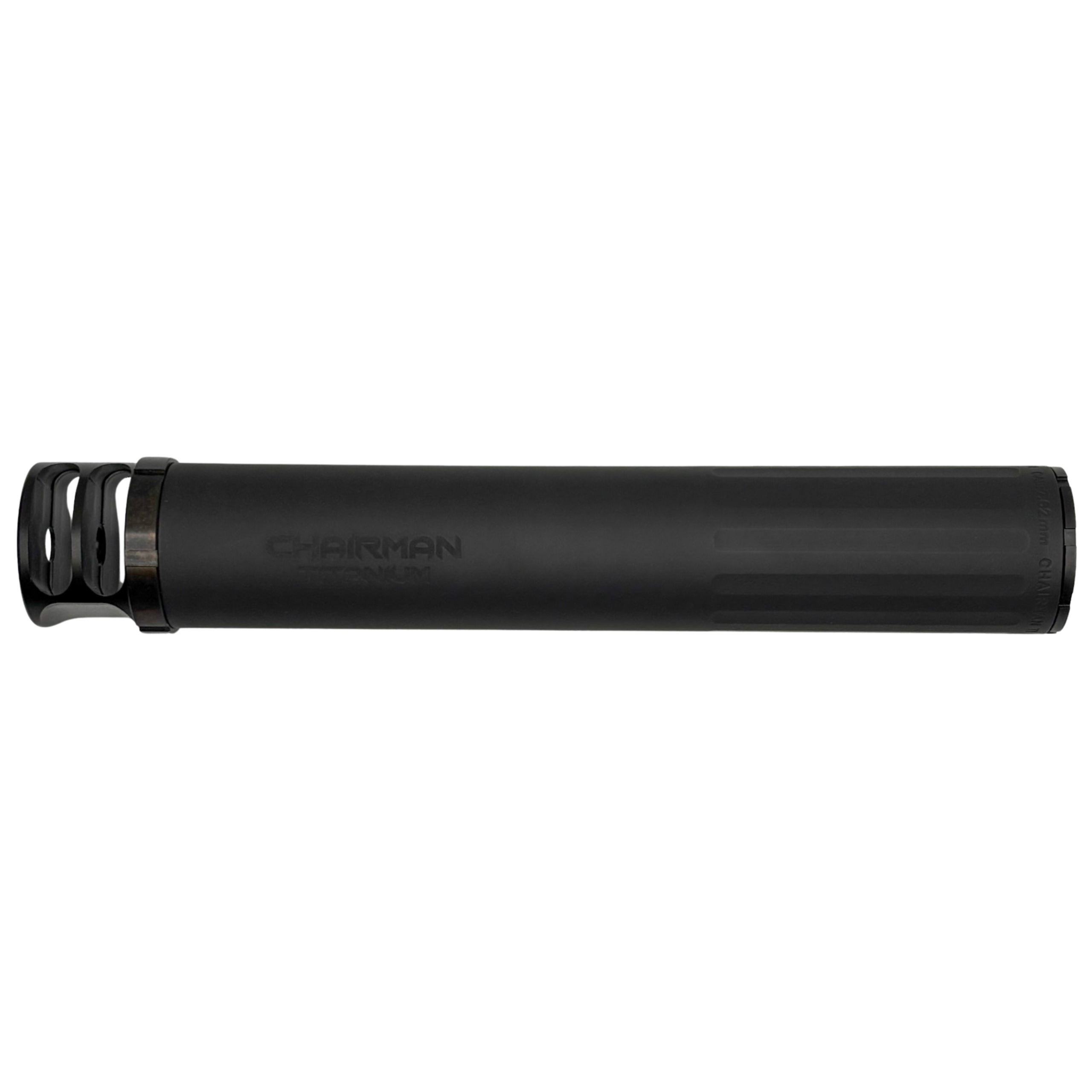 BOSS CHAIRMAN TI – 5/8X24 – BRAKE END CAP 7.62 FULL LENGTH LIGHT WEIGHT SILENCERHIGH PRESSURE LOADS TITANIUM CORE MUZZLE BREAK FOR MAXIMUM MUZZLE CONTROL REDUCED SOUND SUPPRESSION CH-15080-762-TI-58-BR-BLK