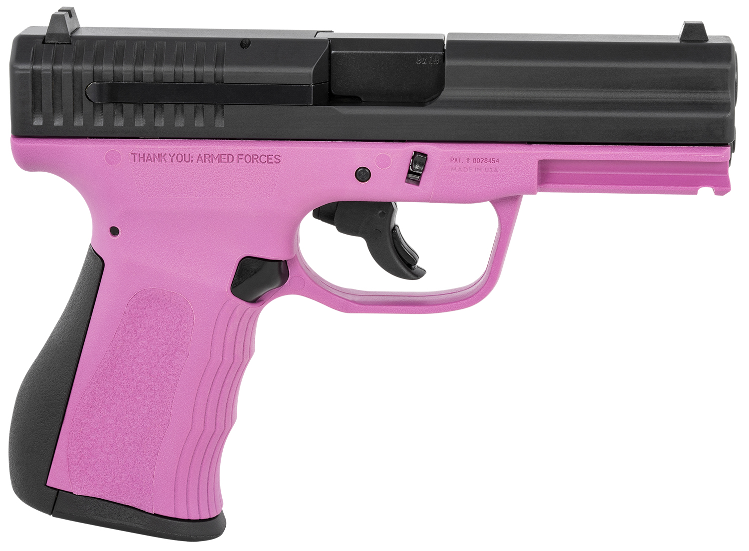 FMK G9C1G2PKSSCM 9C1 G2 9mm Luger 10+1 4″ Black Stainless Steel Barrel, Black Serrated Carbon Steel Slide, Pink Polymer Frame w/Picatinny Rail, Black Backstrap Grip