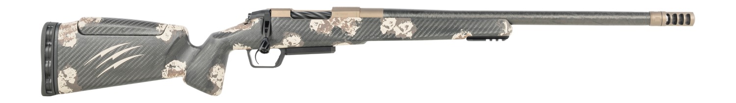 Fierce Firearms  CT Rival XP 2.0 25 Creedmoor 20″ Carbon Fiber Threaded Barrel, Smoked Bronze Cerakote Titanium Drilled & Tapped Receiver, Integral Rail Forend, Desert Shadow Camo Adj Comb Carbon Fibe