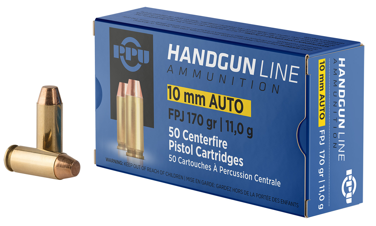 PPU PPH10F Handgun 10mmAuto 170gr Flat Point Jacketed 50 Per Box/10 Case
