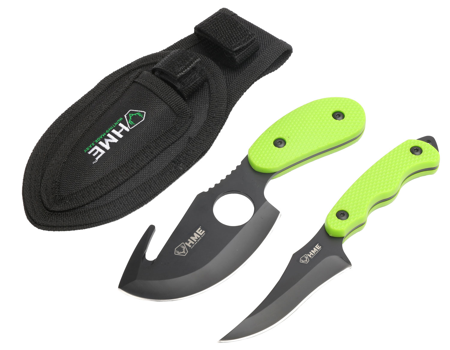 HME HMEKN2PSGC Skinning Kit 3.50″ Fixed Skinner w/Gut Hook/Caping Plain/Gut Hook Black Oxide 420HC Blade, TPR Green Handle