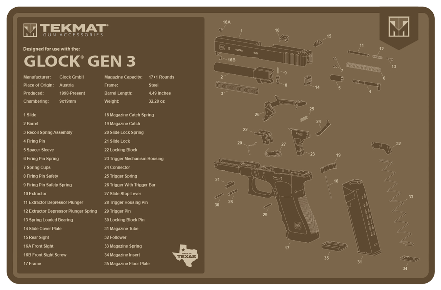 TekMat TEKR17GLOCKG3FDE Glock Gen 3 Cleaning Mat Flat Dark Earth Rubber 11″x17″ Glock Gen 3 Parts Diagram