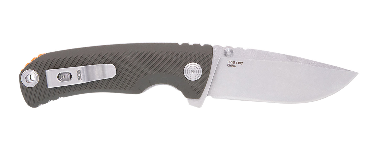 S.O.G SOG11060143 Tellus ATK 3.50″ Folding Clip Point Plain Stonewashed Cryo 440C SS Blade/ Olive Drab w/Orange Backspacer GRN Handle Includes Belt Clip