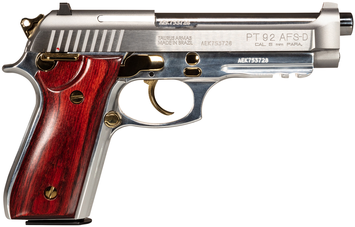 Taurus 1-920159GLD-HW1 92  Full Size Frame 9mm Luger 17+1 5″ Matte Stainless Steel Barrel, Serrated Stainless Steel Slide, Natural Anodized Aluminum Frame w/Beavertail & Picatinny Rail, Rosewood Grip