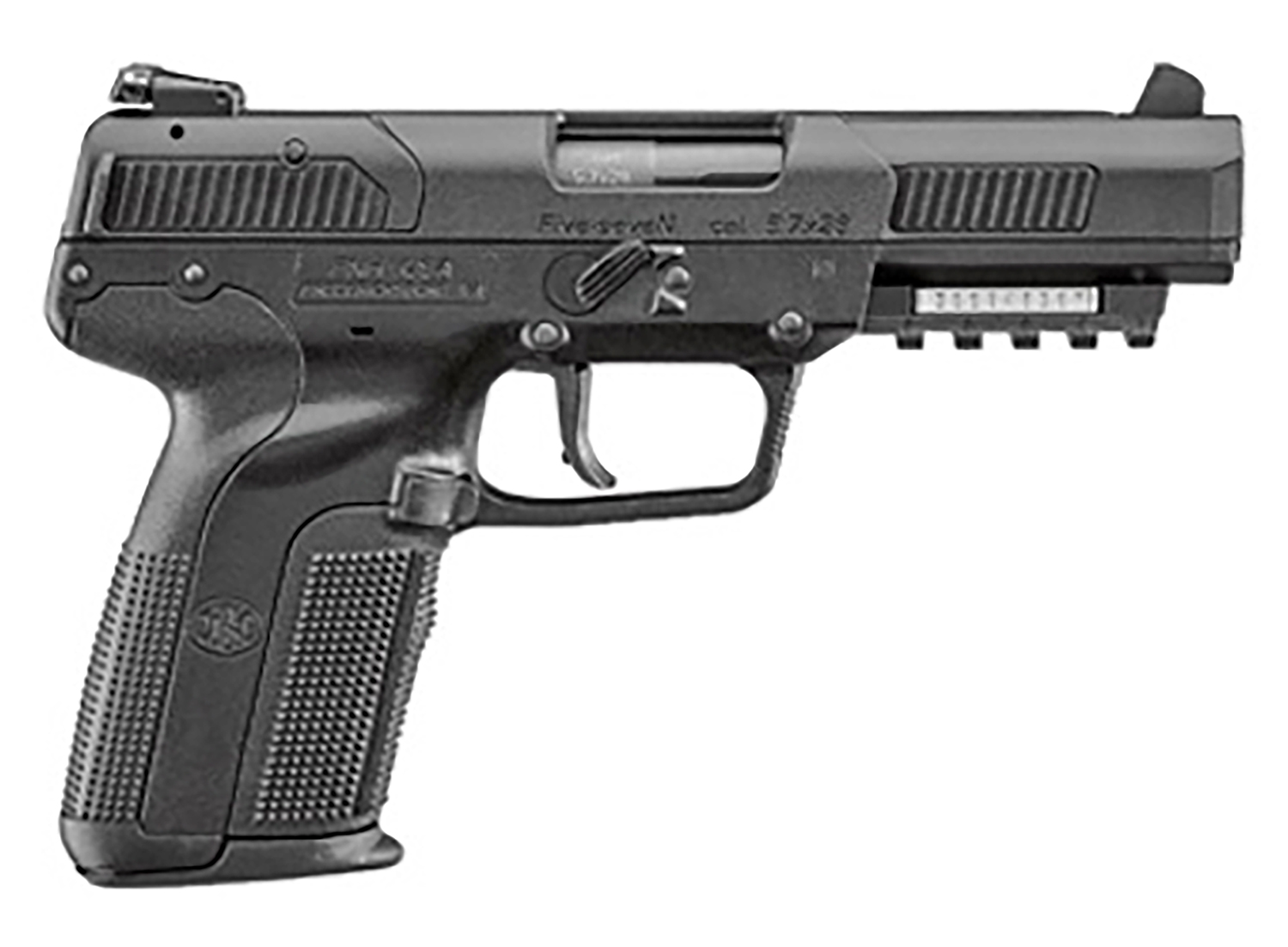 FN 3868900752 Five-seveN  5.7x28mm 4.80″ Barrel 10+1, Matte Black Polymer Frame With Mounting Rail & Serrated Trigger Guard, Matte Black Steel Slide, Ambidextrous Safety