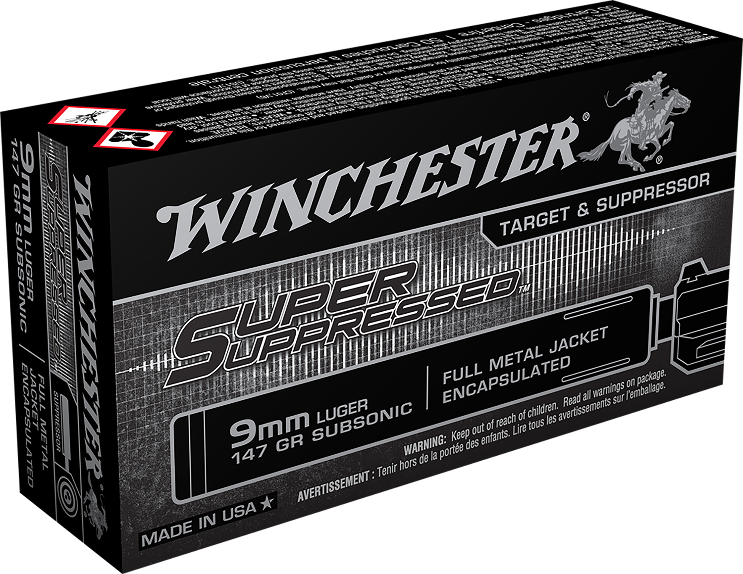 Winchester Ammo SUP9 Super Suppressed 9mmLuger Subsonic 147gr Encapsulated Full Metal Jacket 50 Per Box/10 Case