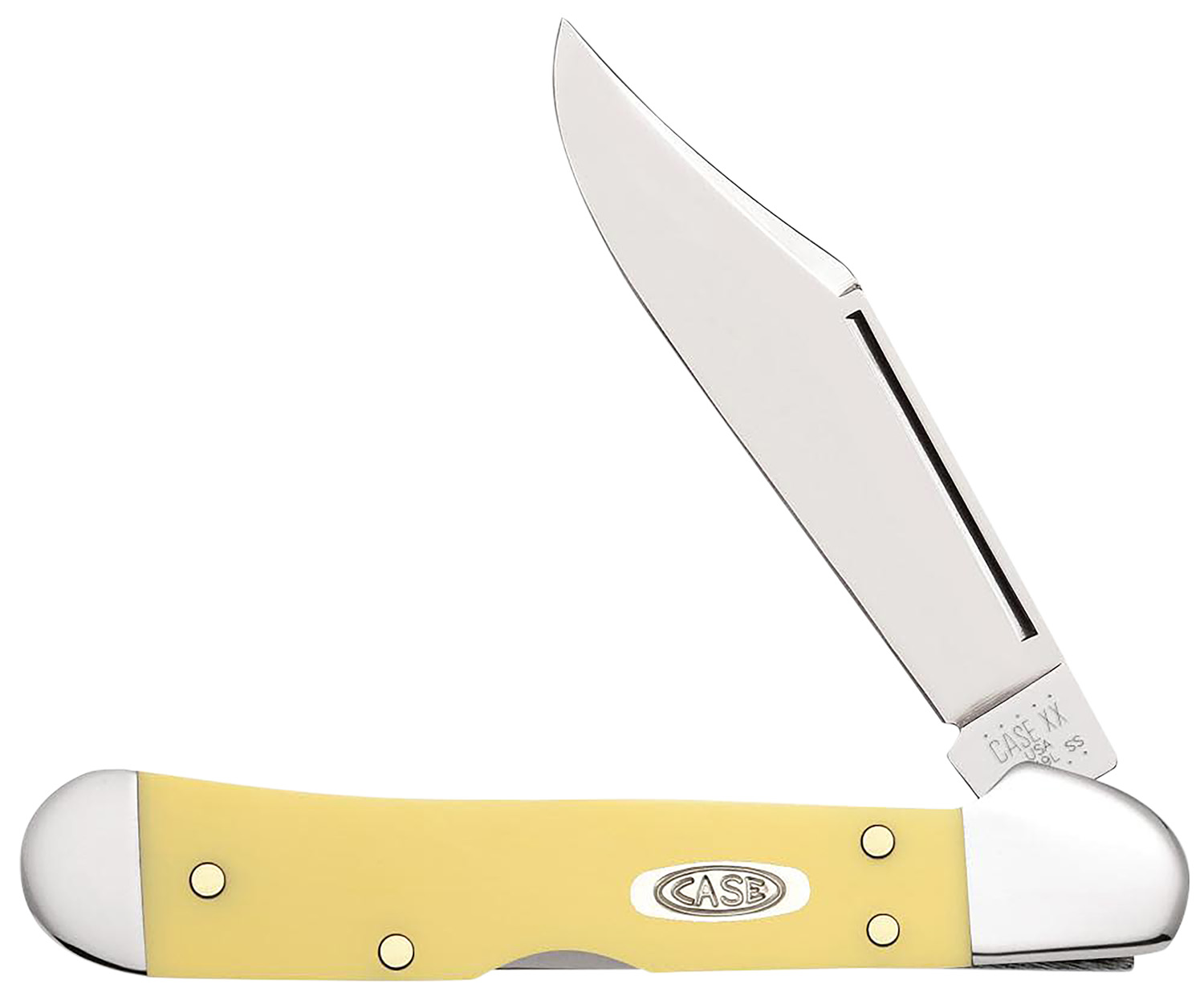 Case 30116 CopperLock Mini 2.72″ Folding Clip Point Plain Mirror Polished Carbon Steel Blade, Yellow Synthetic Handle