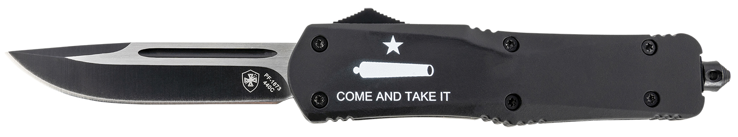Templar Knife LCATI331 Gen II Come And Take It Large 3.50″ OTF Drop Point Plain Black Oxide Stonewashed 440C SS Blade, 5.25″ Black “Come And Take It” Aluminum Handle, Glass Breaker
