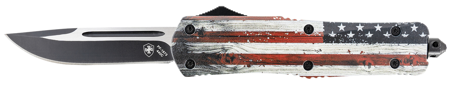 Templar Knife LWUS331 Gen II Wood US Flag Large 3.50″ OTF Drop Point Plain Black Oxide Stonewashed 440C SS Blade, 5.25″ Painted Wood Grain US Flag Aluminum Handle, Glass Breaker