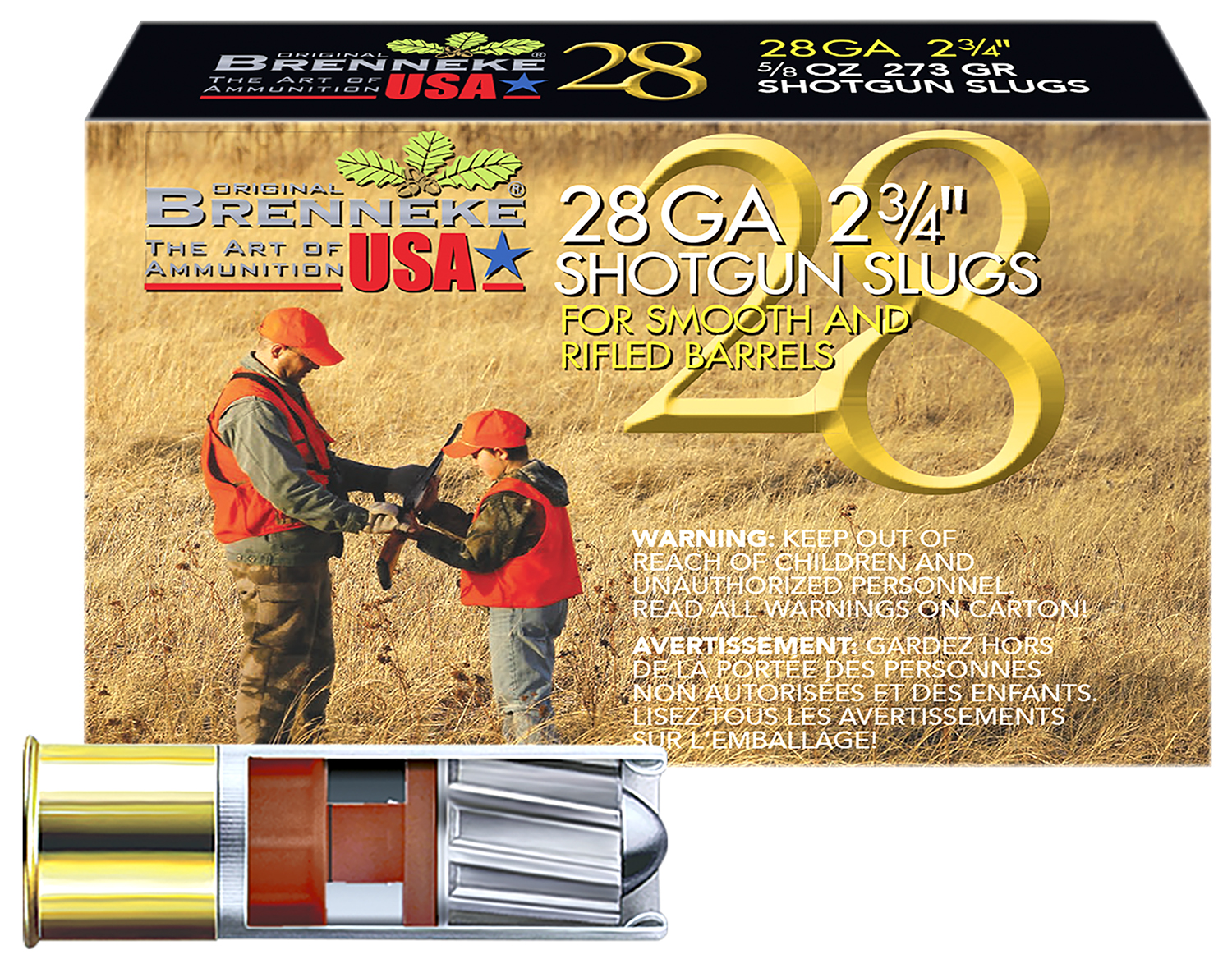 Brenneke SL282BR Brenneke 28 28Gauge 2.75″ 5/8oz Slug Shot 5 Per Box/50 Case