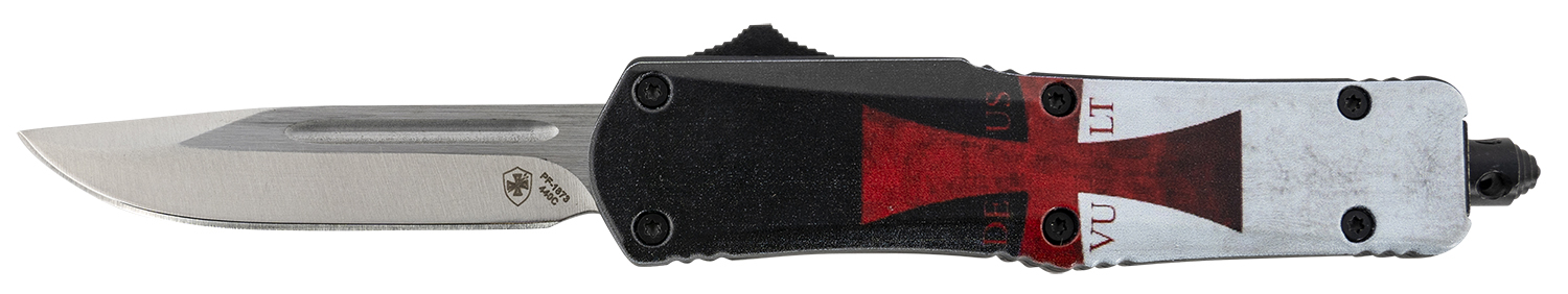 Templar Knife STK332 Gen II Templar Flag Small 2.69″ OTF Drop Point Plain Powder Coated 440C SS Blade, 4.31″ Templar Flag Aluminum Handle Glass Breaker