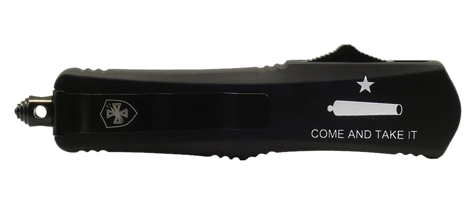 Templar Knife LCATII531 Gen II Come And Take It Small 2.69″ OTF Tanto Part Serrated Black Oxide 440C SS Blade, 4.31″ Black “Come And Take It” w/Cannon Aluminum Handle, Glass Breaker