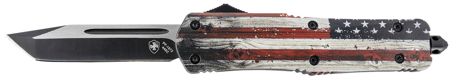 Templar Knife LWUS231 Gen II Wood US Flag Large 3.50″ OTF Tanto Plain Black Oxide Stonewashed 440C SS Blade, 5.25″ Painted Wood Grain US Flag Aluminum Handle, Glass Breaker