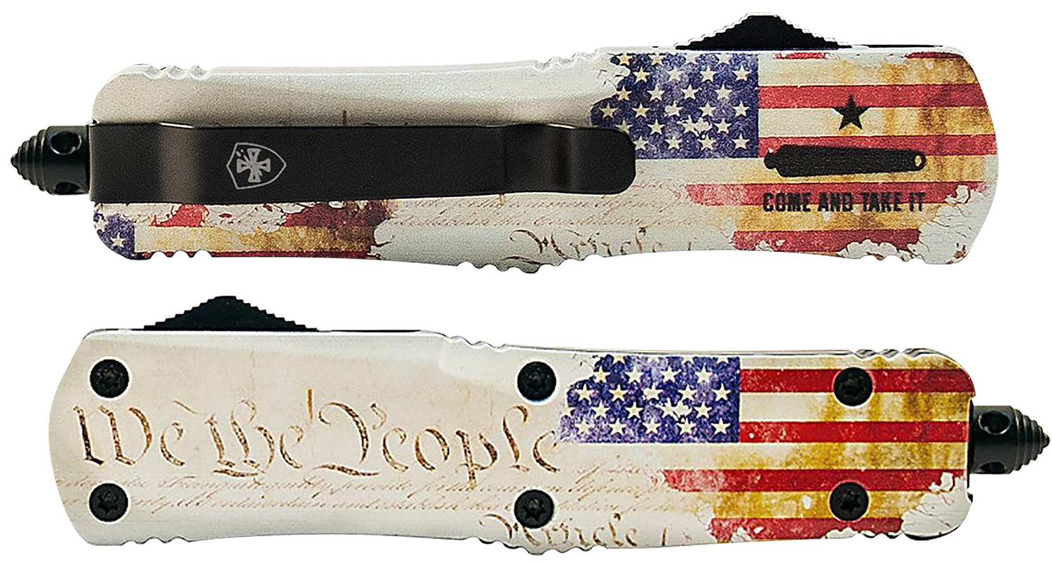 Templar Knife SWTP131 Gen II We The People Small 2.69″ OTF Dagger Plain Black Oxide Stonewashed 440C SS Blade, 4.31″ White w/Flag & “We The People” Aluminum Handle, Glass Breaker