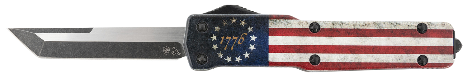 Templar Knife MZBRF221 Premium Weighted Betsy Ross Flag Slim 3.16″ OTF Tanto Plain Black Oxide Stonewashed D2 Steel Blade, 4.93″ Betsy Ross Flag Aluminum Zinc Alloy Handle