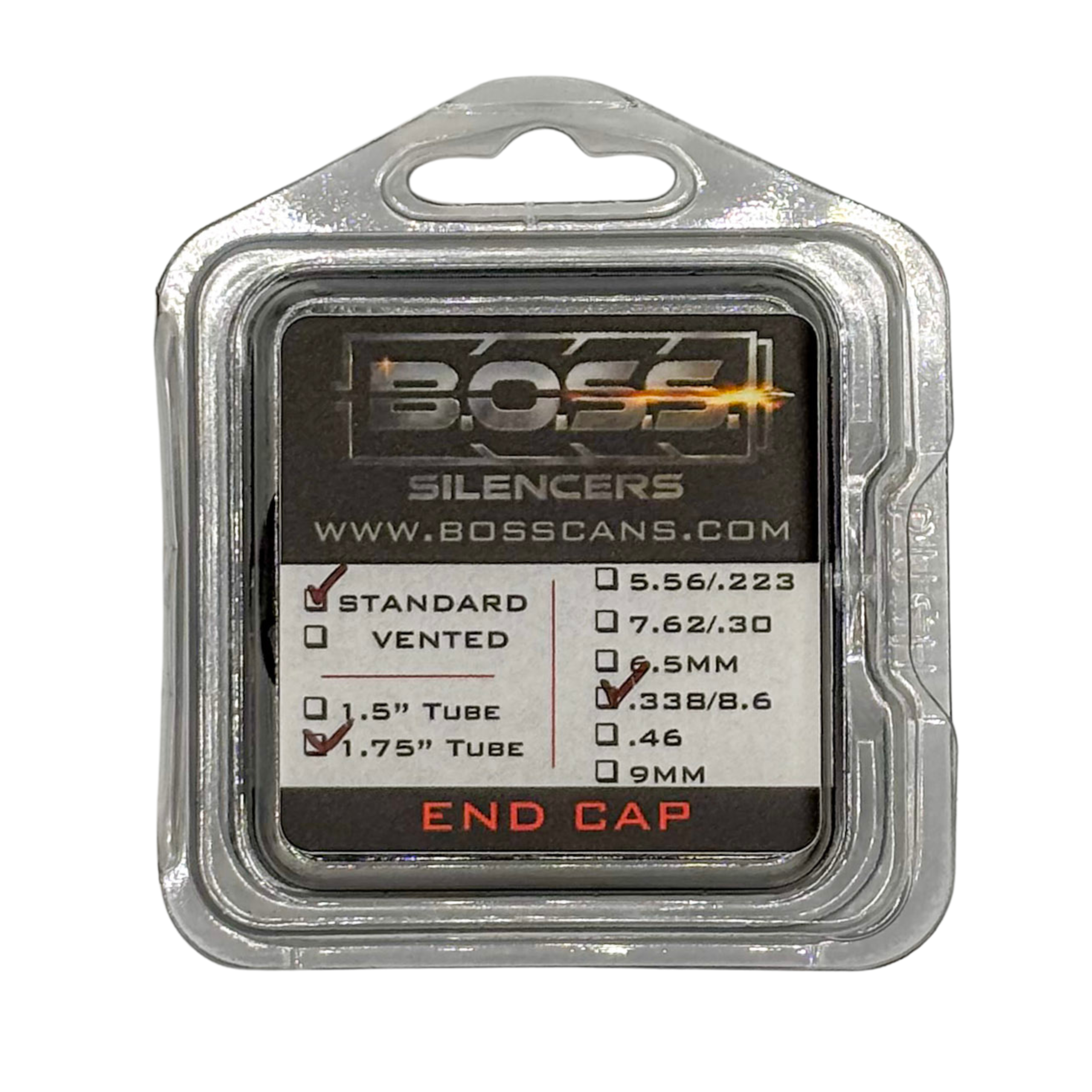 BOSS .338 CAL END CAP FOR 1.75IN BOSS SILENCER MODELS ONLY STAINLESS END CAP STANDARD BLACK EC-175-338-SS-SE-BLK