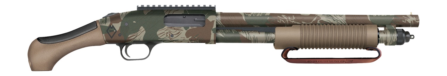Mossberg 50632 590 AfterShock 12 Gauge 5+1 14.38″ Rhodesian Brushstroke Camo Barrel & Receiver w/Picatinny Rail, FDE Aftershock Grip
