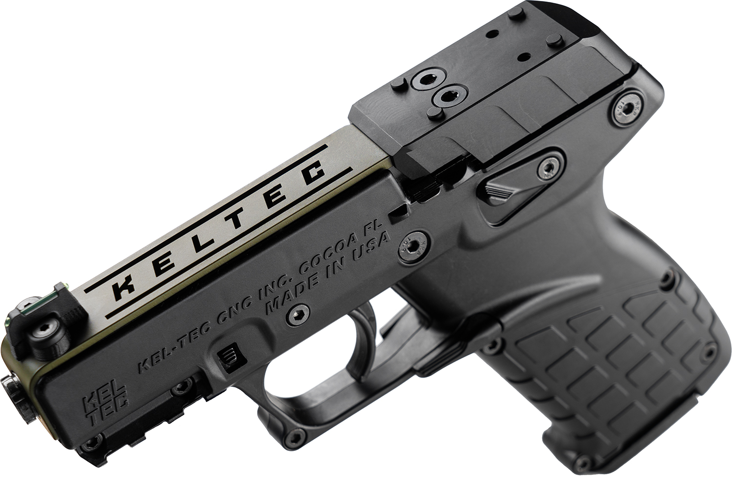 Kel-Tec P17BBLKORGRNS P17  Sports South Exclusive 22 LR 16+1 3.80″ Black Steel Barrel, OD Green Optic Ready/Serrated Slide, Black Polymer Frame w/Picatinny Rail, Textured Grip