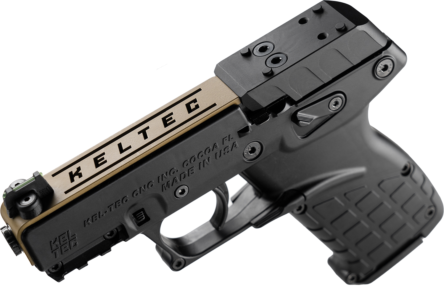 Kel-Tec P17BBLKORTANS P17  Sports South Exclusive 22 LR 16+1 3.80″ Black Steel Barrel, Tan Optic Ready/Serrated Slide, Black Polymer Frame w/Picatinny Rail, Textured Grip