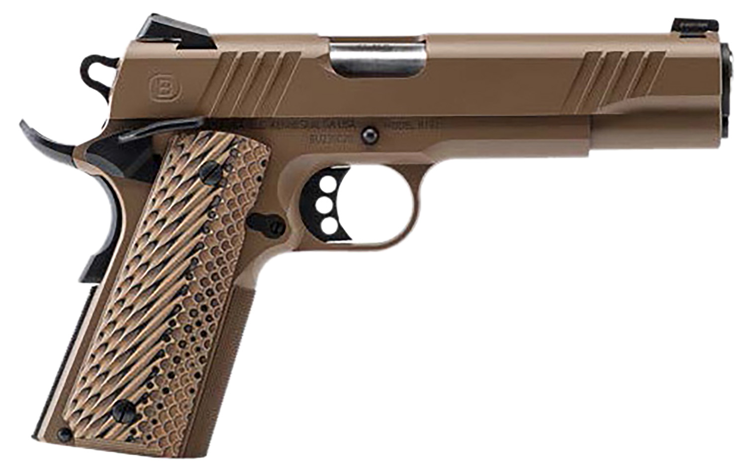 Bersa B19117050DEHB B1911 45 ACP 8+1 5″ Stainless Steel Barrel, Flat Dark Earth Serrated Slide, Flat Dark Earth Stainless Steel Frame w/Beavertail, FDE VZ Grip