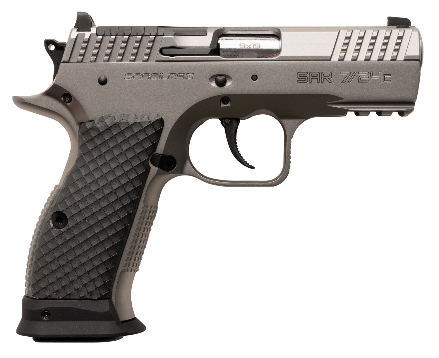 Sarsilmaz SAR7/24C 7/24  Compact 9mm Luger 17+1 Matte Stainless Steel Frame w/Beavertail & Picatinny Rail, Black Polymer Grip