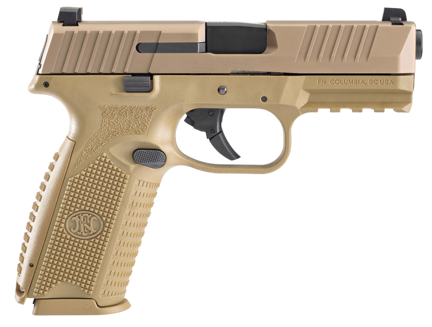 FN 66100489 509  9mm Luger 17+1 4″ Black Target Crown Steel Barrel, Flat Dark Earth Serrated Stainless Steel Slide & Polymer Frame w/Picatinny Rail, FDE Interchangeable Backstrap Grip, Ambidextrous