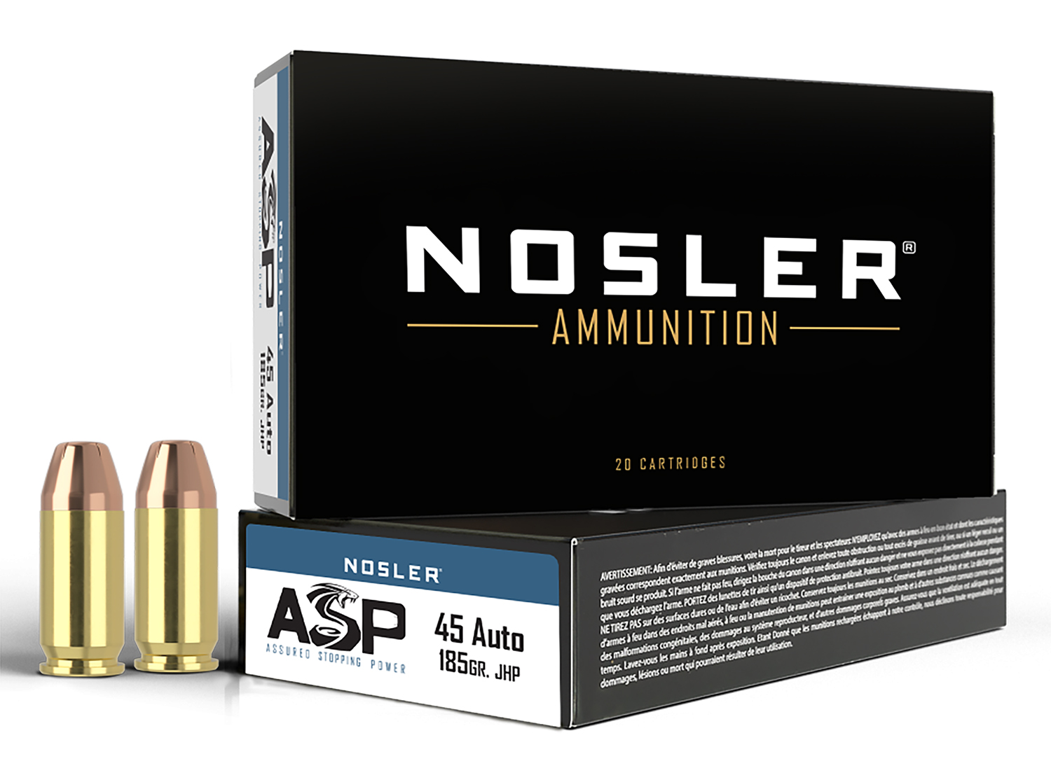 Nosler 51271 Assured Stopping Power Handgun 45ACP 185gr Jacketed Hollow Point 50 Per Box/10 Case