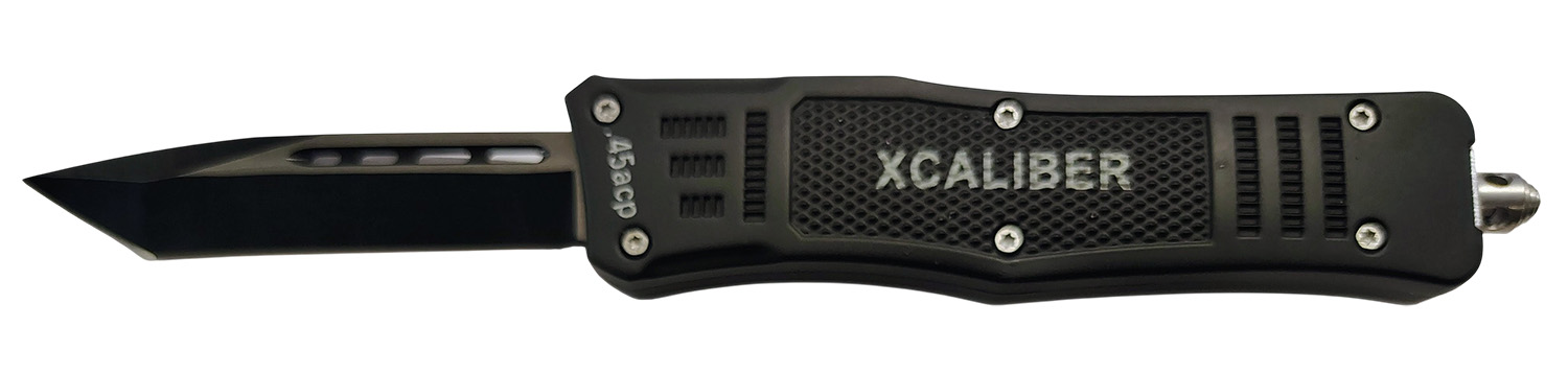 Xcaliber Knife Company 45 ACP 3.25″ OTF Tanto Plain Black 440C SS Blade, 4.64″ Steel Handle