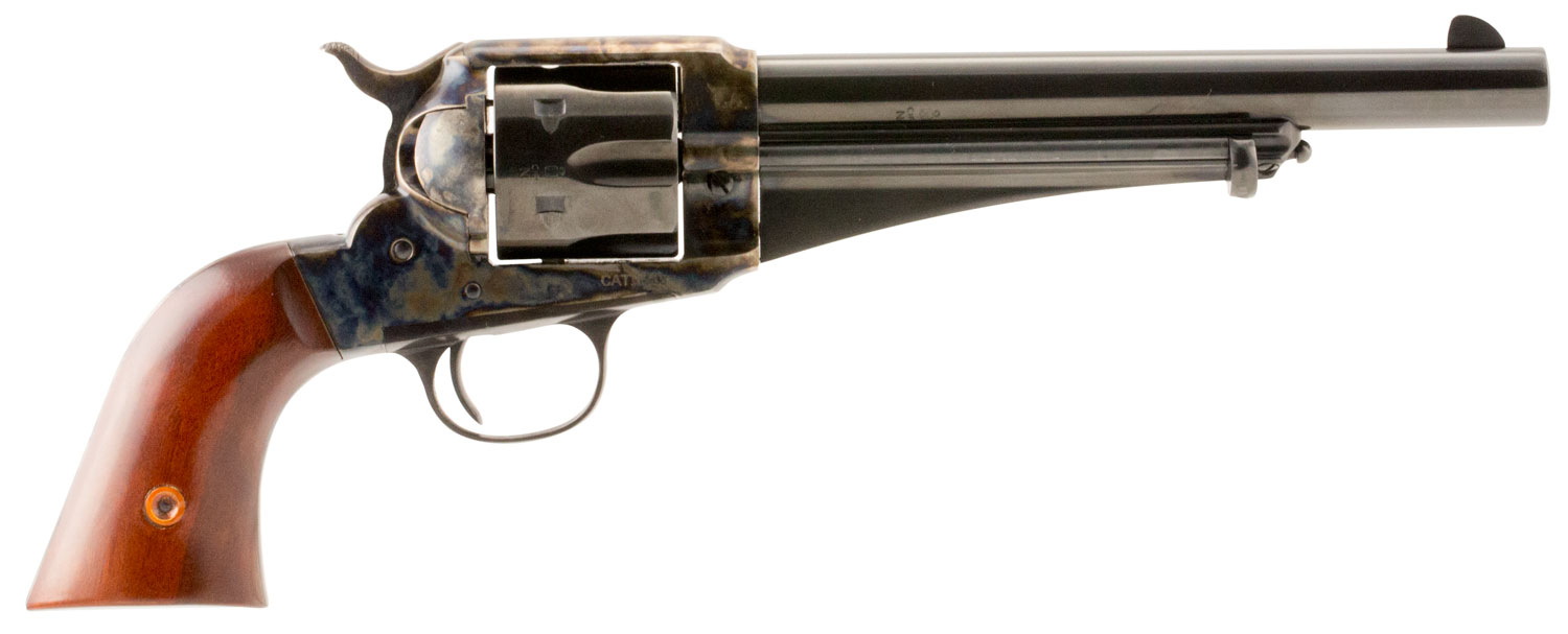 Taylors & Company 550378 1875 Army Outlaw Uberti Large 357 Mag/38 Special 6 Shot 7.50″ Blued Round Barrel & Cylinder, Color Case Hardened Steel Frame, Walnut Grip. Exposed Hammer