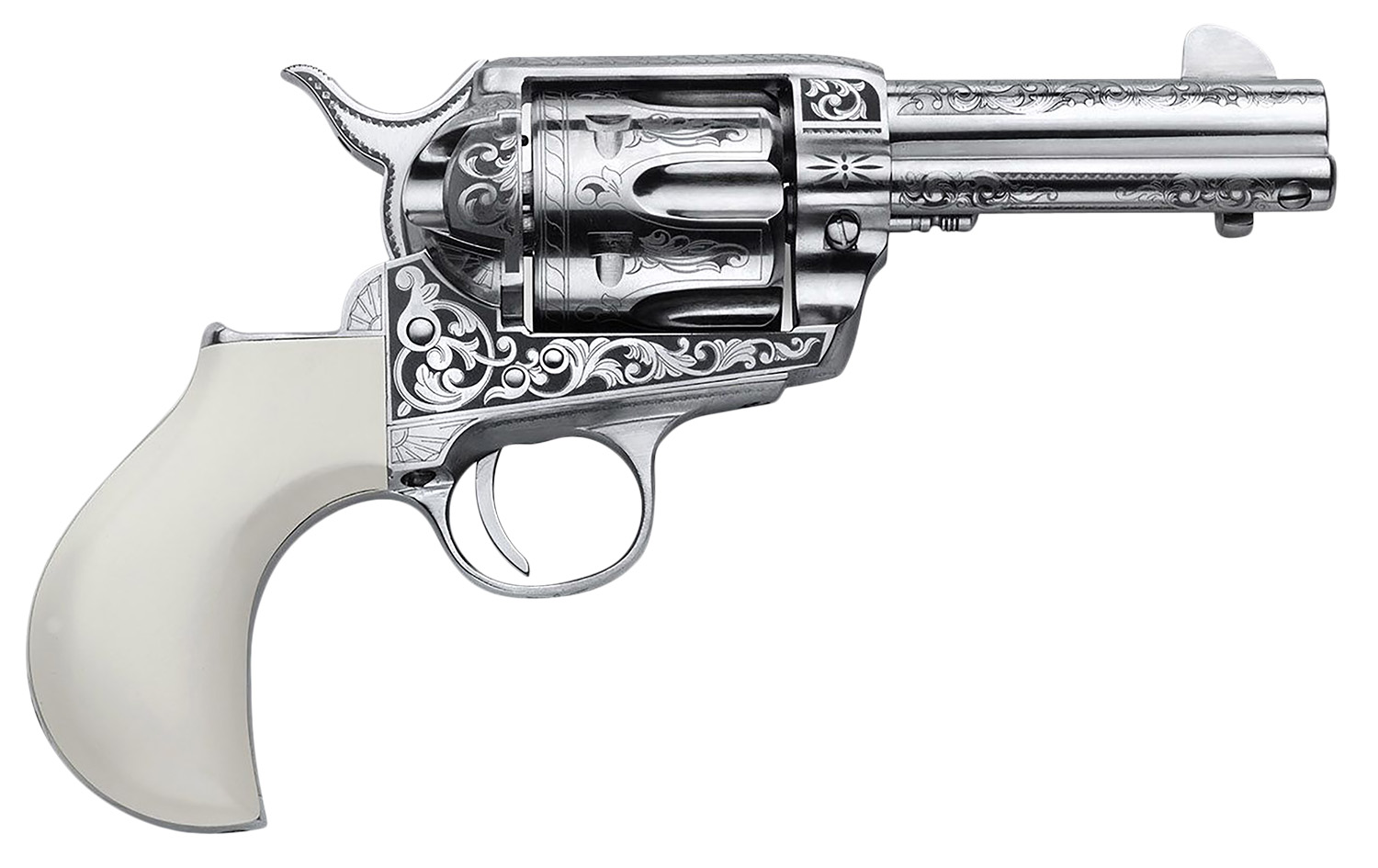 Cimarron PP346HUCKENG Huckleberry 45 Colt (LC) 6 Shot, 3.50″ Nickel Engraved Barrel, Cylinder & Frame, Poly-Ivory w/”Huckleberry” Engraved On The Backstrap Grip