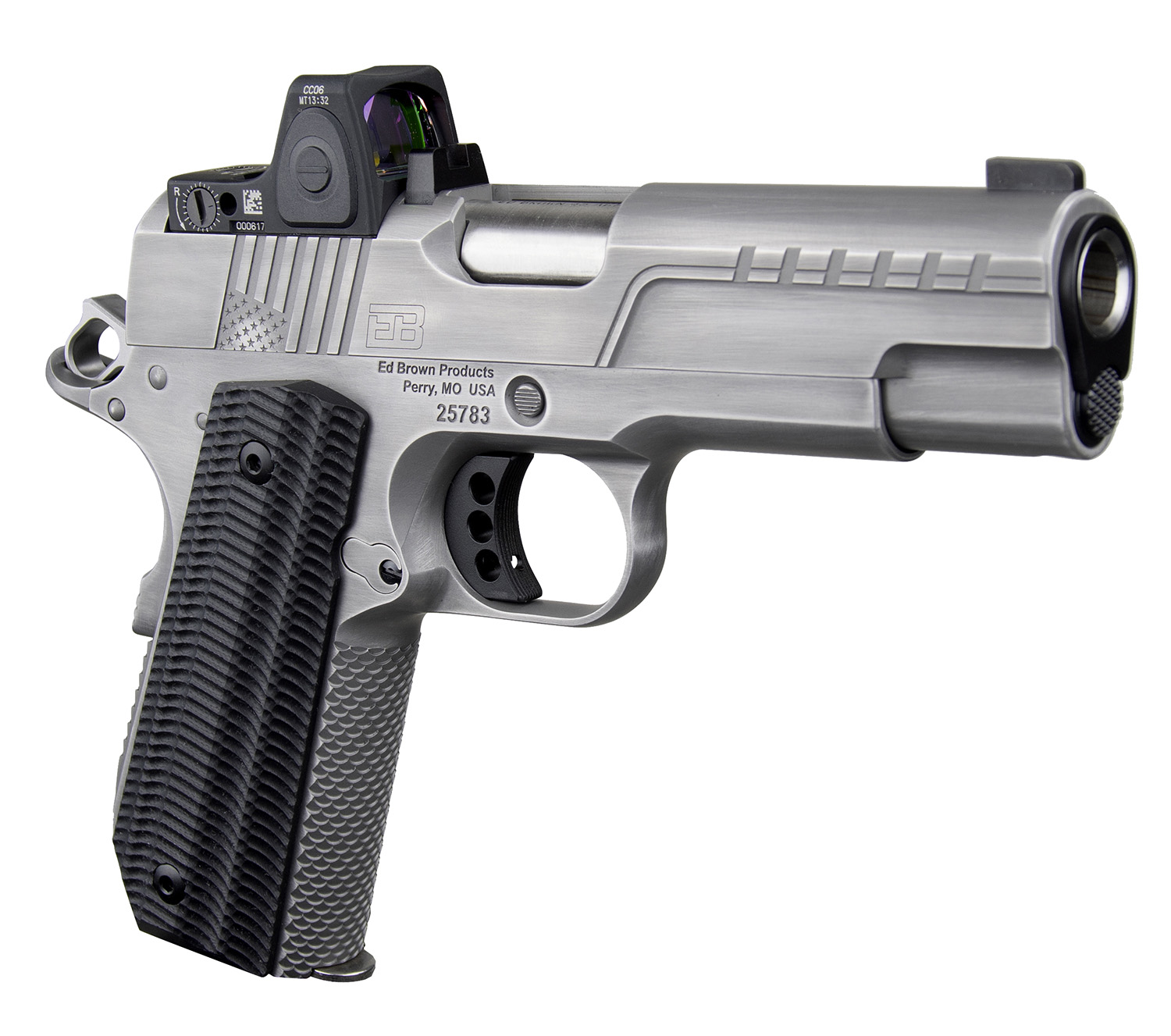 Ed Brown FX2SS FX2 45 ACP 7+1 4.25″ Recessed Crown Barrel, Stainless Steel Engraved American Flag/Serrated Slide, Stainless Steel Frame, Trijicon RMRcc 3.25 MOA Sight