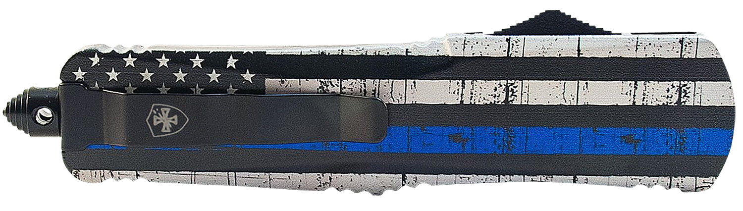 Templar Knife MBTB131 Gen II Back The Blue Slim 3.43″ OTF Dagger Plain Black Oxide Stonewashed 440C SS Blade, 5.05″ Black & White w/Blue Line Aluminum Handle, Glass Breaker