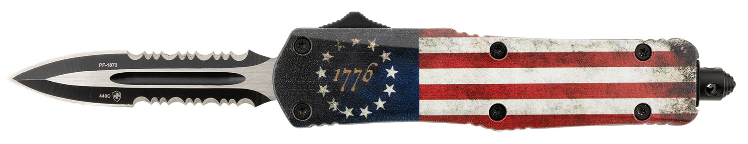 Templar Knife SBRF431 Gen II Betsy Ross Flag Small 2.75″ OTF Dagger Part Serrated 440C SS Blade, 4.25″ Betsy Ross Flag Aluminum Handle, Glass Breaker