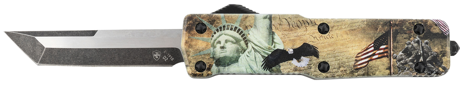 Templar Knife SZLIB221 Premium Weighted Liberty Small 3″ OTF Tanto Plain Black Oxide Stonewashed D2 Steel Blade, 4.50″ Gold w/Statue of Liberty/Flag/Eagle Aluminum Zinc Alloy Handle