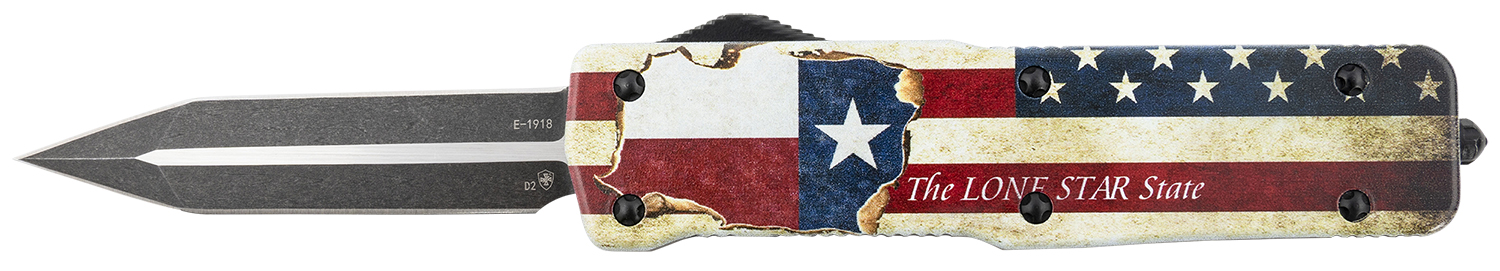 Templar Knife LZTX121 Premium Weighted Texan Large 3.55″ OTF Dagger Plain Black Oxide Stonewashed D2 Steel Blade, 5.25″ Red/White/Blue w/”The LONE STAR State” Aluminum Zinc Alloy Handle