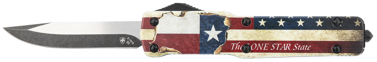 Templar Knife MZTX321 Premium Weighted Texan Slim 3.16″ OTF Drop Point Plain Black Oxide Stonewashed D2 Steel Blade, 4.93″ Red/White/Blue w/”The LONE STAR State” Aluminum Zinc Alloy Handle