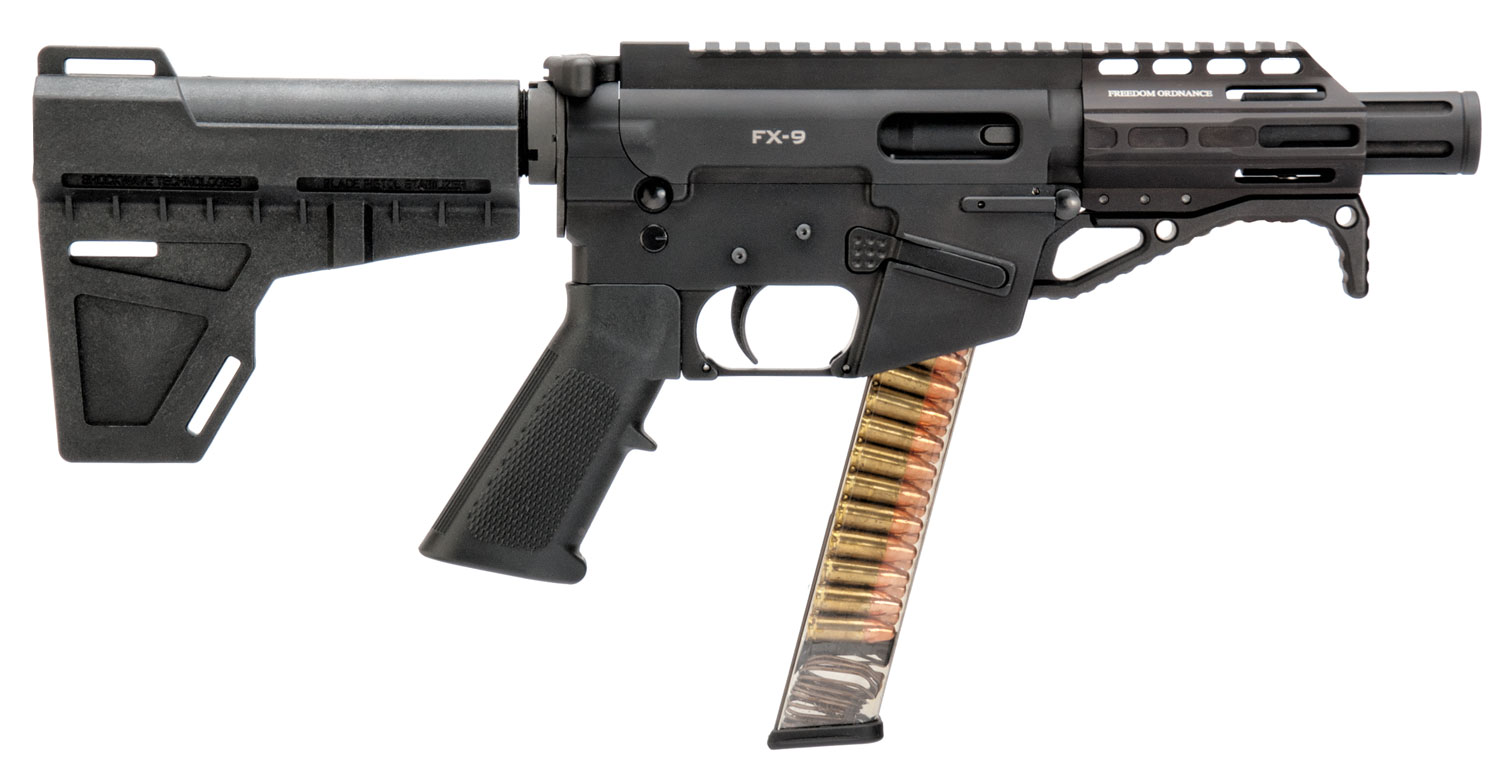 Freedom Ordnance FX9P4 FX-9 9mm Luger 31+1 4.50″ Black Nitride Chromoly Steel Barrel Black Hard Coat Anodized Black KAK Shockwave Pistol Brace Black Polymer Grips Right Hand