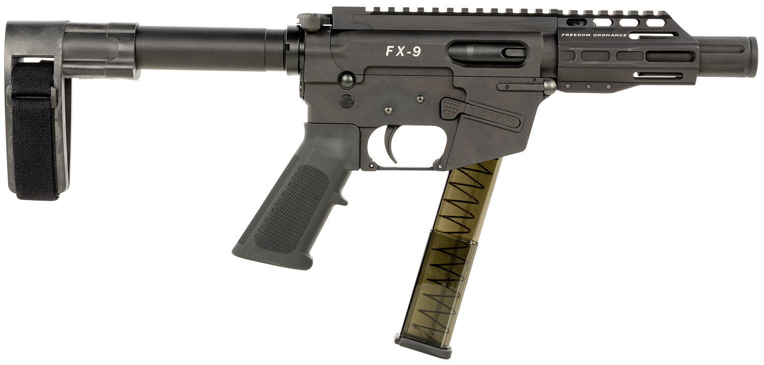 FREEDOM ORDNANCE FX9P4SBM FX-9 9mm Luger 31+1 4″ Black Nitride Steel Barrel, M-LOK Handguards, Black Anodized Aluminum Picatinny Rail Receiver, Black SB Mini Brace, AR15 Grip