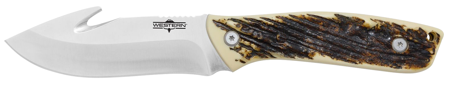 Camillus 19247 Western Crosstrail 4.25″ Fixed Gut Hook Plain Silver 420 Steel Titanium Bonded Blade, Stag/Antler Delrin Handle, Includes Belt Loop/Sheath