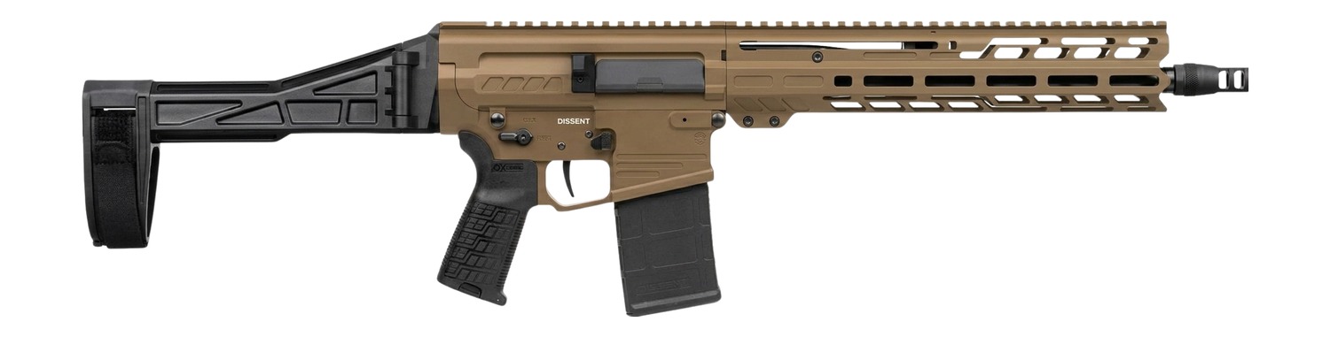 CMMG 33A380C-CT Dissent Mk3 8.6 Blackout 20+1 12.50″ Black Nitride Threaded Barrel, Coyote Tan Cerakote Aluminum Receiver w/Picatinny Rail, M-LOK Handguard, Black Polymer SB Tactical Folding Brace, CM