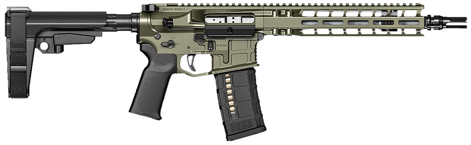 Radian Weapons R0515 Model 1 Pistol 223 Wylde 30+1 10.50″, OD Green Billet Rec/M-Lok Handguard, Smooth Buffer Tube (No Brace), Magpul Grip, Ambi Controls, Dead Air QD Flash Hider, Adj. Triggers