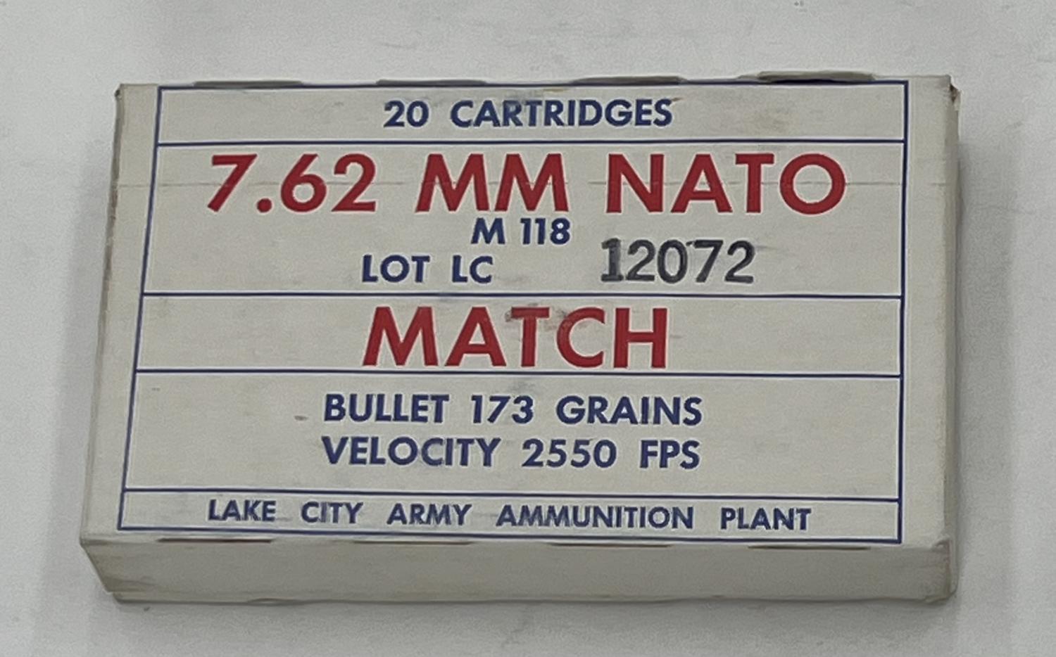 7.62×51 Lake City Match 173 grain 20 rounds ammunition 1967 dated
