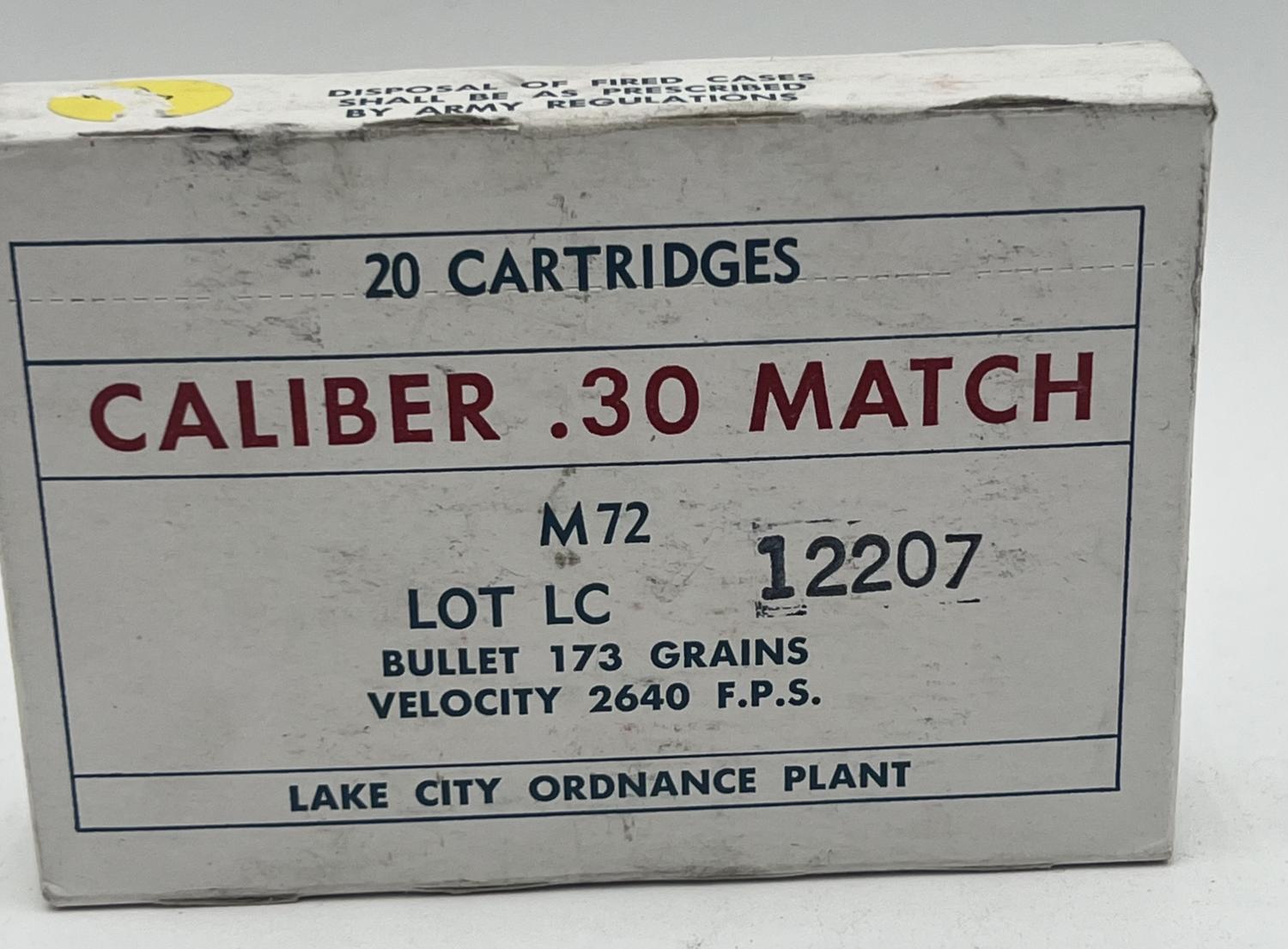 30-06 springfield Lake City Match M72 lot 12207 1963 20 rounds (free shipping on orders over $250)