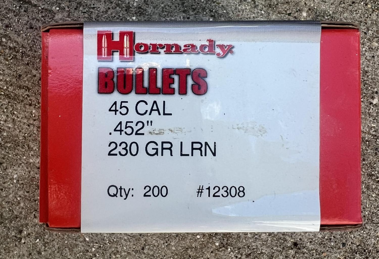 HORNADY 45 Cal .452 LRN 230Gr 200 Per Box Lead Pistol Bullets (12308)
