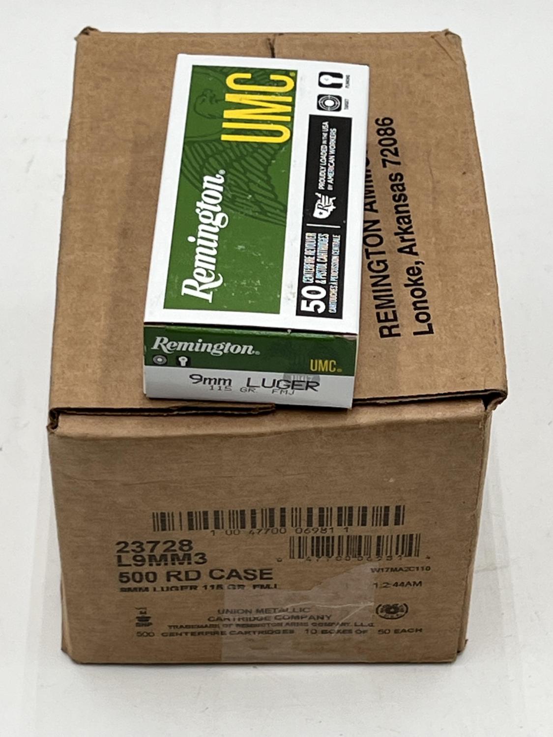 9MM LUGER REMINGTON UMC Brass 115GR FMJ 50RDx10 (500 rd box) Free shipping over $250